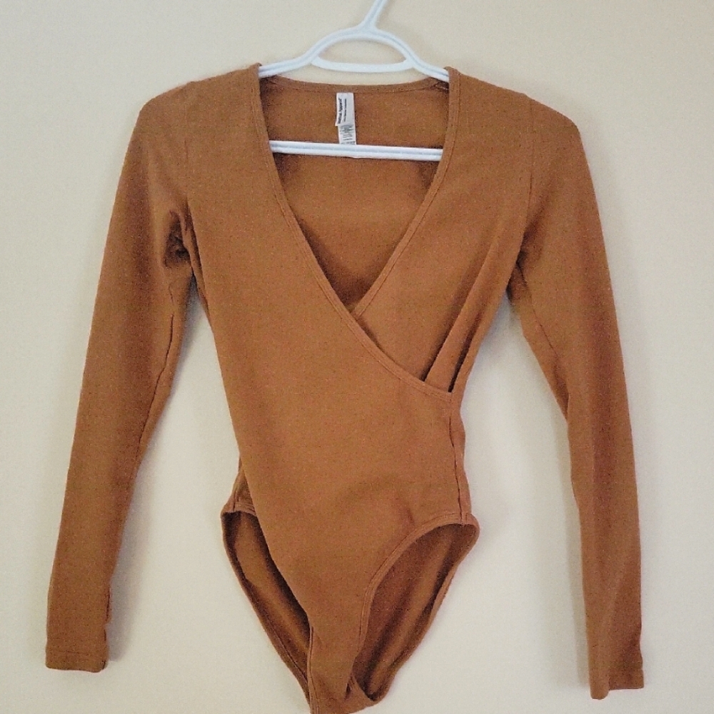 American Apparel Brown Long-Sleeve Wrap Bodysuit